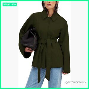 Wool Blend Short Peacoat Overcoat with Button Closure and Tie Belt